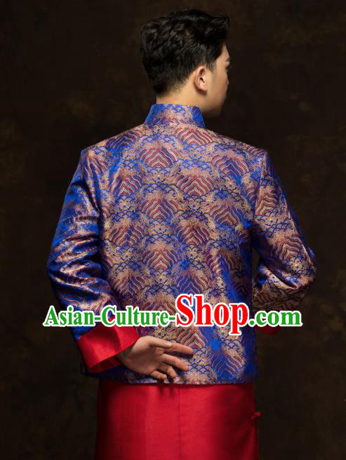 Chinese Traditional Royalblue Mandarin Jacket and Red Long Robe Wedding Bridegroom Tang Suit Costumes
