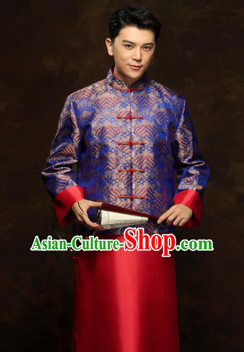 Chinese Traditional Royalblue Mandarin Jacket and Red Long Robe Wedding Bridegroom Tang Suit Costumes