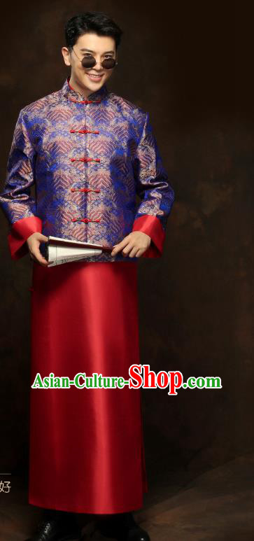 Chinese Traditional Royalblue Mandarin Jacket and Red Long Robe Wedding Bridegroom Tang Suit Costumes