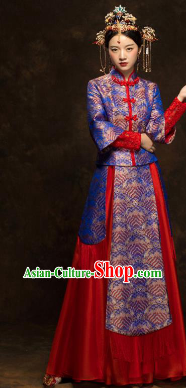 China Classical Wedding Xiuhe Suits Traditional Bride Costumes Royalblue Blouse and Red Skirt