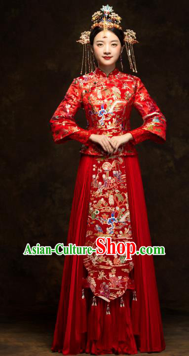 China Classical Hundred Children Painting Xiuhe Suits Traditional Bride Costumes Wedding Toast Dress