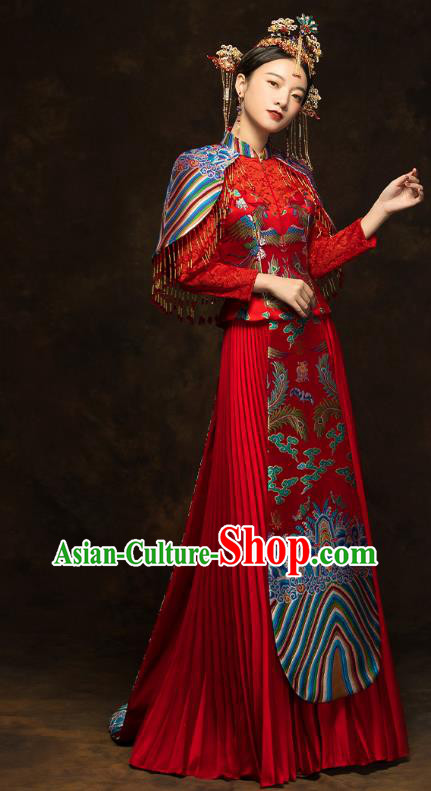 China Wedding Red Toast Dress Classical Phoenix Painting Xiuhe Suits Traditional Bride Costumes