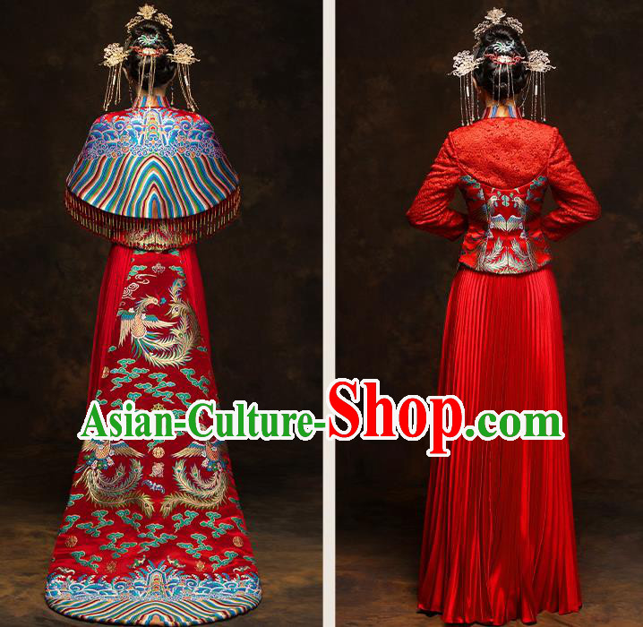 China Wedding Red Toast Dress Classical Phoenix Painting Xiuhe Suits Traditional Bride Costumes