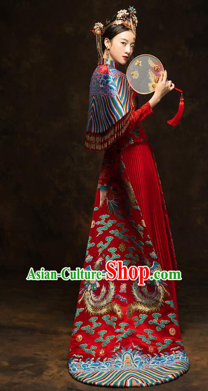 China Wedding Red Toast Dress Classical Phoenix Painting Xiuhe Suits Traditional Bride Costumes