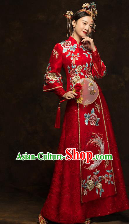 China Classical Embroidered Phoenix Peony Xiuhe Suits Traditional Bride Costumes Wedding Red Toast Dress
