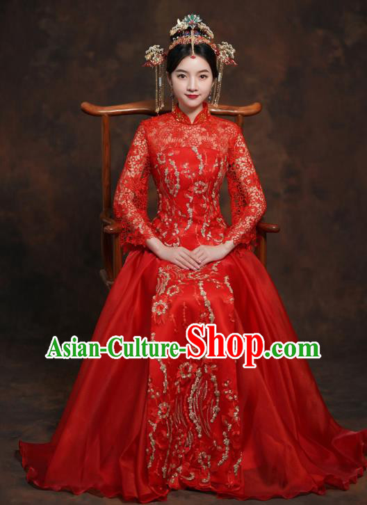 China Classical Bride Costumes Toast Dress Traditional Wedding Red Lace Xiuhe Suits