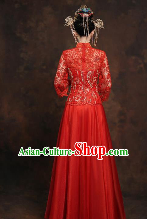 China Classical Bride Costumes Toast Dress Traditional Wedding Red Lace Xiuhe Suits