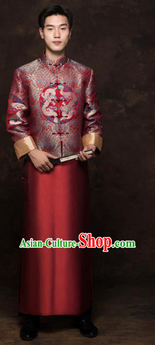 Chinese Tang Suit Embroidered Dragon Red Mandarin Jacket and Long Robe Traditional Wedding Bridegroom Costumes
