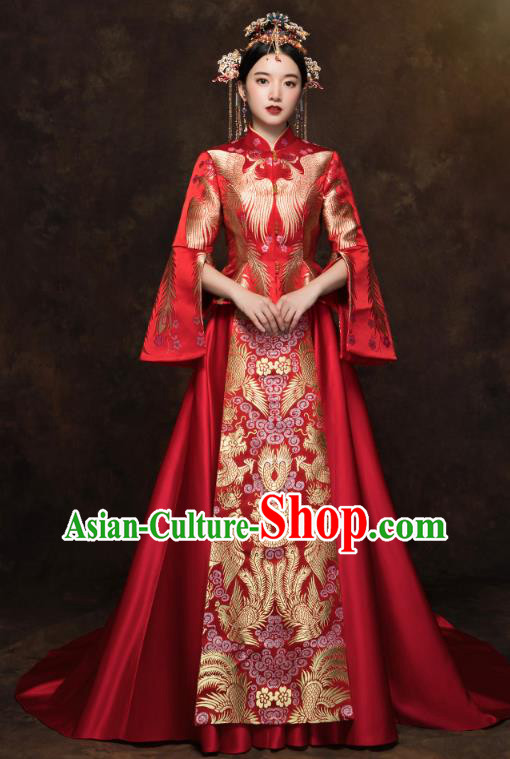 China Wedding Toast Dress Classical Embroidered Phoenix Red Blouse and Skirt Traditional Bride Xiuhe Suit Costumes