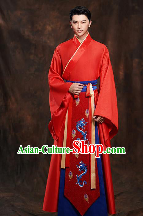 Chinese Traditional Han Dynasty Wedding Costumes Ancient Scholar Bridegroom Red Clothing