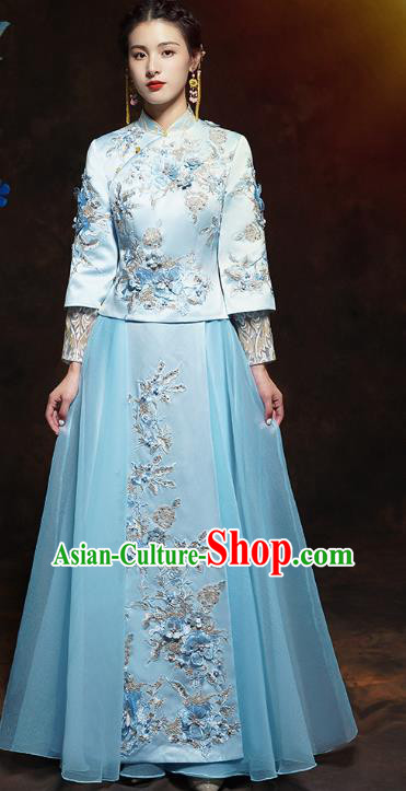 China Classical Embroidered Blue Blouse and Skirt Traditional Xiuhe Suit Costumes Wedding Bride Toast Dress