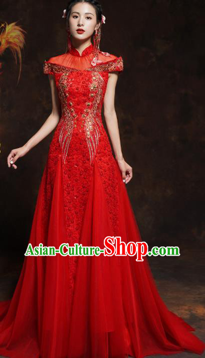 Chinese Classical Embroidered Red Toast Dress Traditional Wedding Bride Cheongsam Clothing