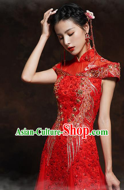 Chinese Classical Embroidered Red Toast Dress Traditional Wedding Bride Cheongsam Clothing
