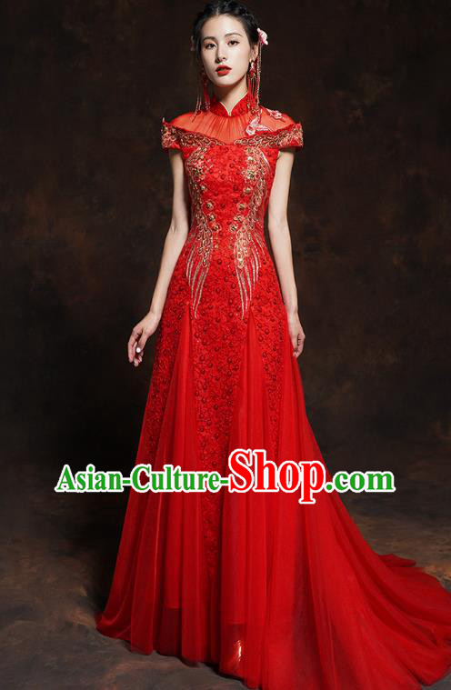 Chinese Classical Embroidered Red Toast Dress Traditional Wedding Bride Cheongsam Clothing