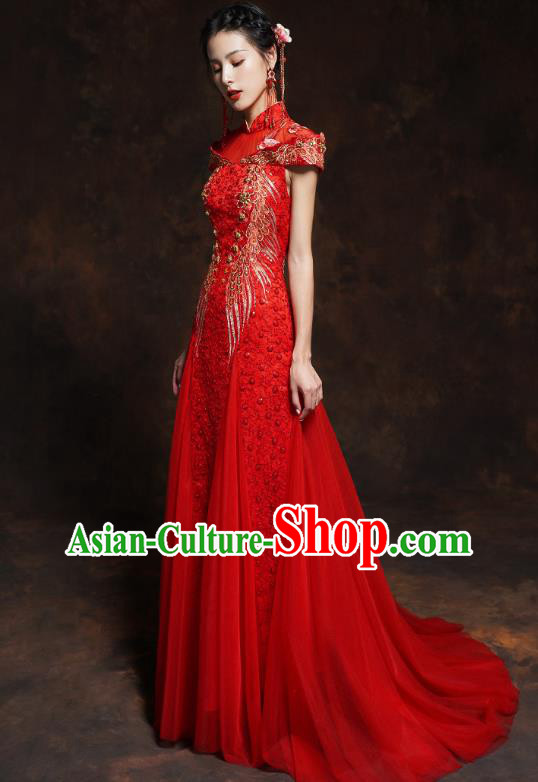 Chinese Classical Embroidered Red Toast Dress Traditional Wedding Bride Cheongsam Clothing