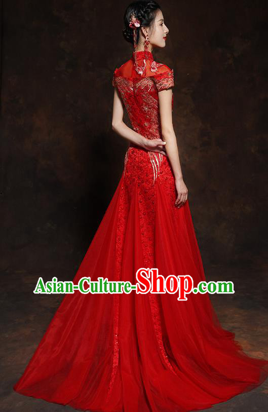 Chinese Classical Embroidered Red Toast Dress Traditional Wedding Bride Cheongsam Clothing