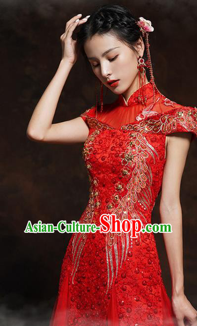 Chinese Classical Embroidered Red Toast Dress Traditional Wedding Bride Cheongsam Clothing