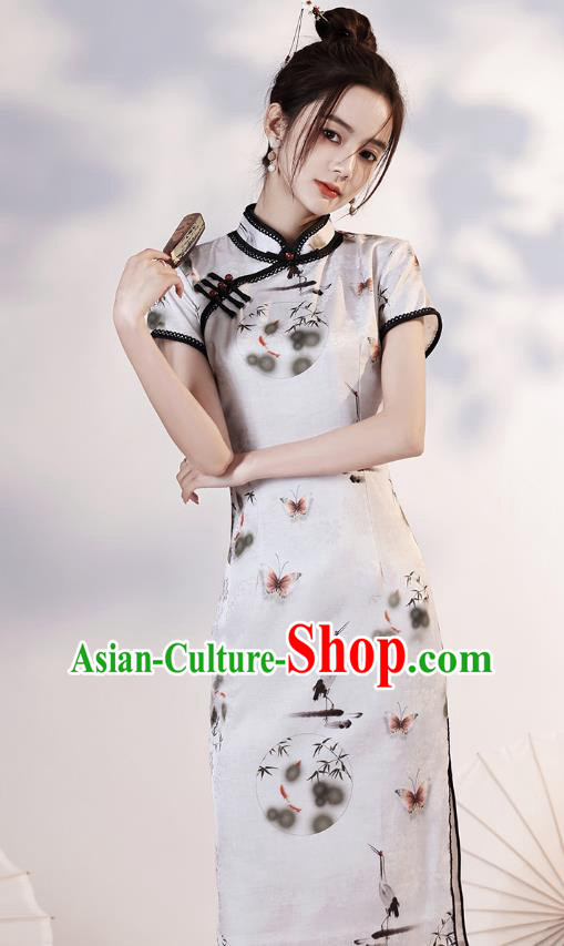 Chinese Young Lady Short Cheongsam Clothing Modern Dance Printing Cranes White Qipao Dress