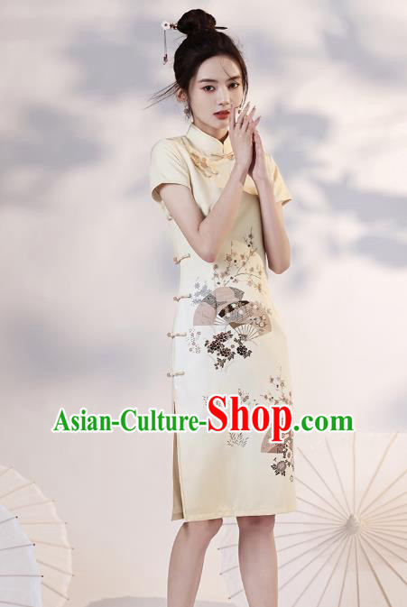 Chinese Young Lady Light Yellow Short Cheongsam Clothing Modern Dance Printing Plum Fan Qipao Dress