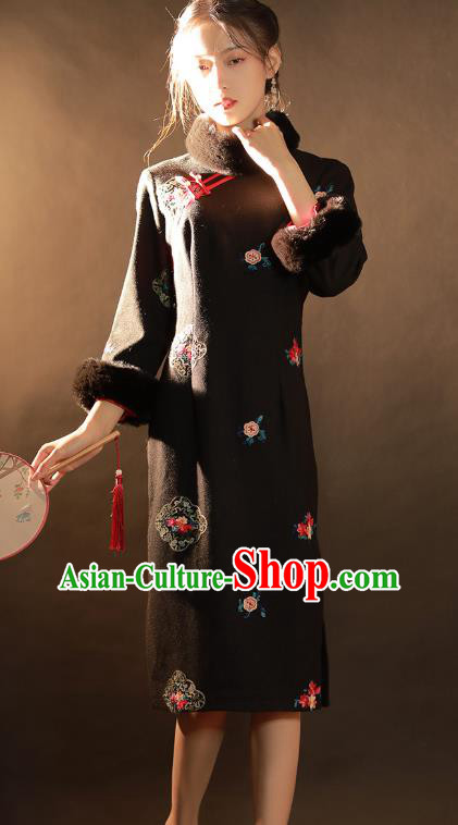 China Traditional Winter Woman Qipao Dress National Classical Dance Embroidered Black Woolen Cheongsam