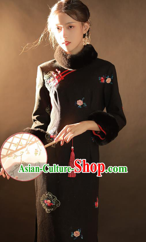 China Traditional Winter Woman Qipao Dress National Classical Dance Embroidered Black Woolen Cheongsam