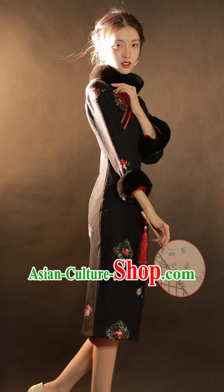 China Traditional Winter Woman Qipao Dress National Classical Dance Embroidered Black Woolen Cheongsam