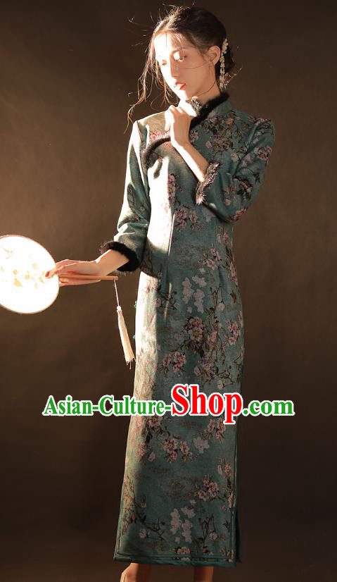 China Traditional Printing Green Woolen Qipao Dress National Winter Classical Dance Cheongsam