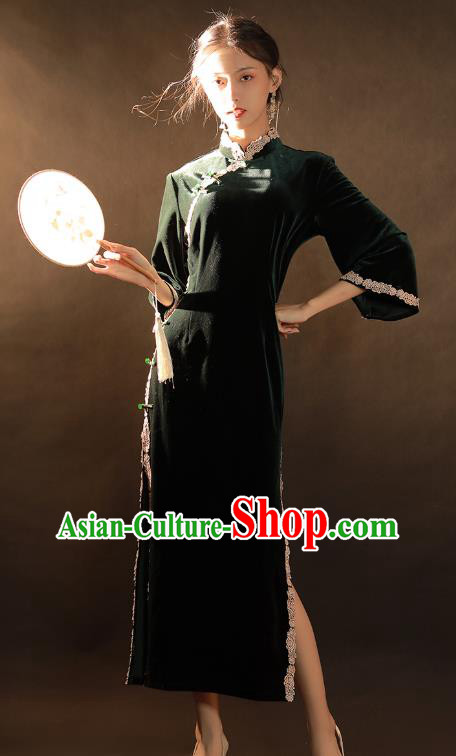 China Traditional Atrovirens Velvet Qipao Dress National Young Woman Classical Dance Cheongsam