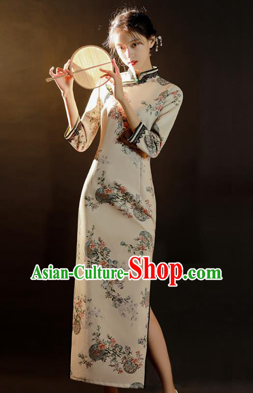 China Traditional Printing White Suede Fabric Qipao Dress National Young Woman Stage Performance Cheongsam