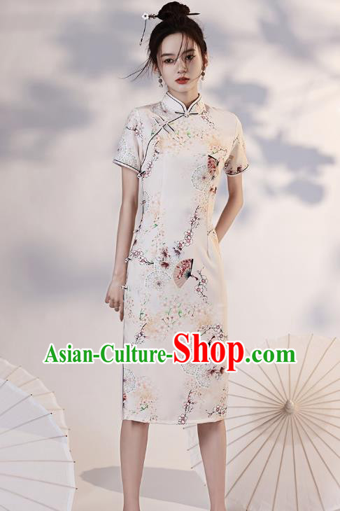 Chinese Young Lady Printing Plum Fan Cheongsam Clothing Modern Dance Beige Qipao Dress