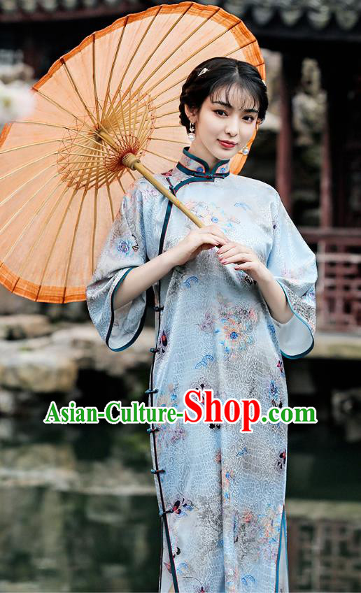 Republic of China Traditional Wide Sleeve Qipao Dress National Young Woman Printing Light Blue Cheongsam