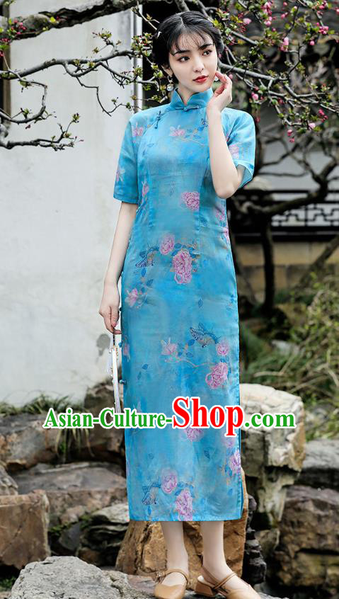 Republic of China National Young Woman Cheongsam Traditional Printing Peony Blue Flax Qipao Dress