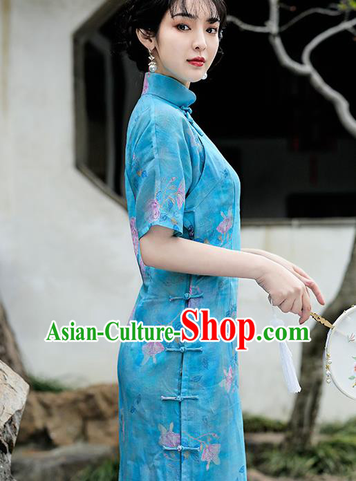 Republic of China National Young Woman Cheongsam Traditional Printing Peony Blue Flax Qipao Dress
