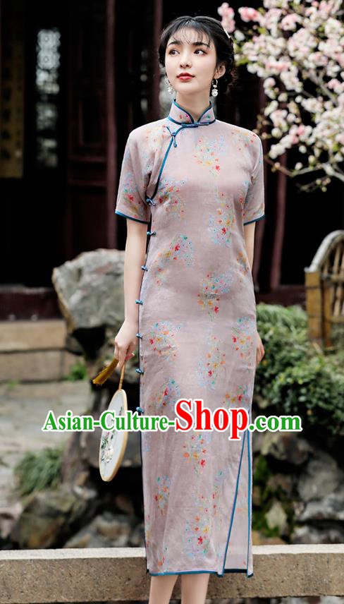 Republic of China Young Lady Cheongsam Traditional Printing Flowers Grey Flax Qipao Dress