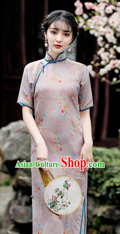 Republic of China Young Lady Cheongsam Traditional Printing Flowers Grey Flax Qipao Dress