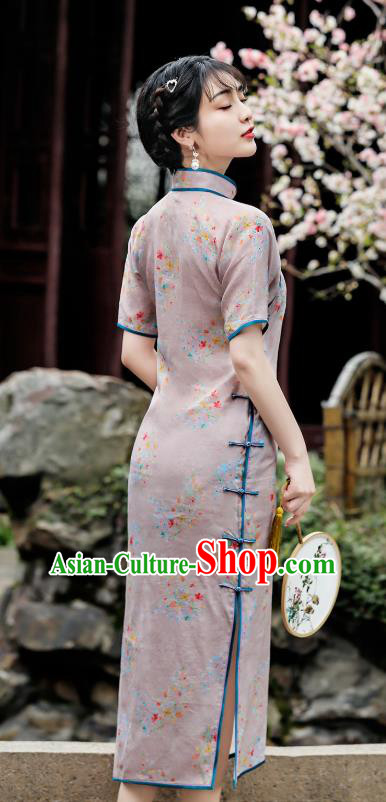 Republic of China Young Lady Cheongsam Traditional Printing Flowers Grey Flax Qipao Dress