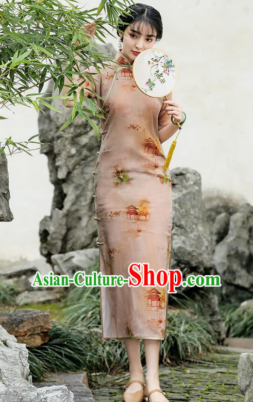 Republic of China Traditional Printing Apricot Flax Qipao Dress National Young Lady Cheongsam