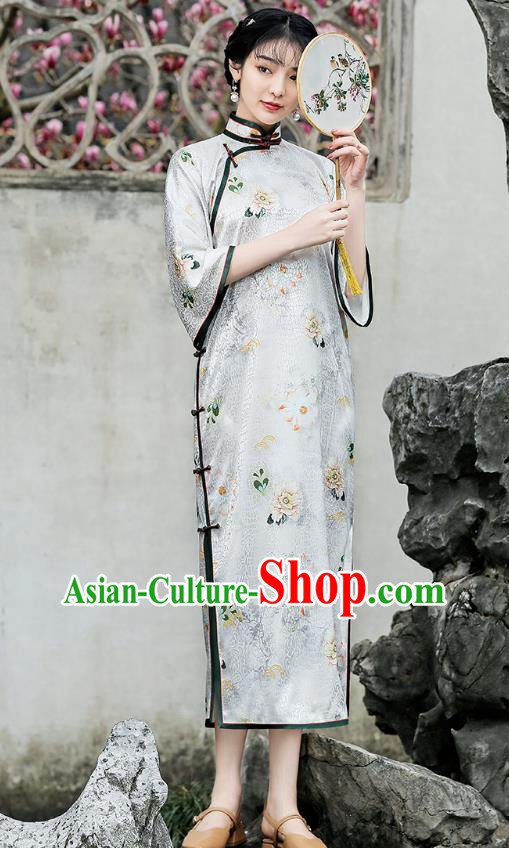 Republic of China Traditional Printing White Qipao Dress National Young Lady Wide Sleeve Cheongsam