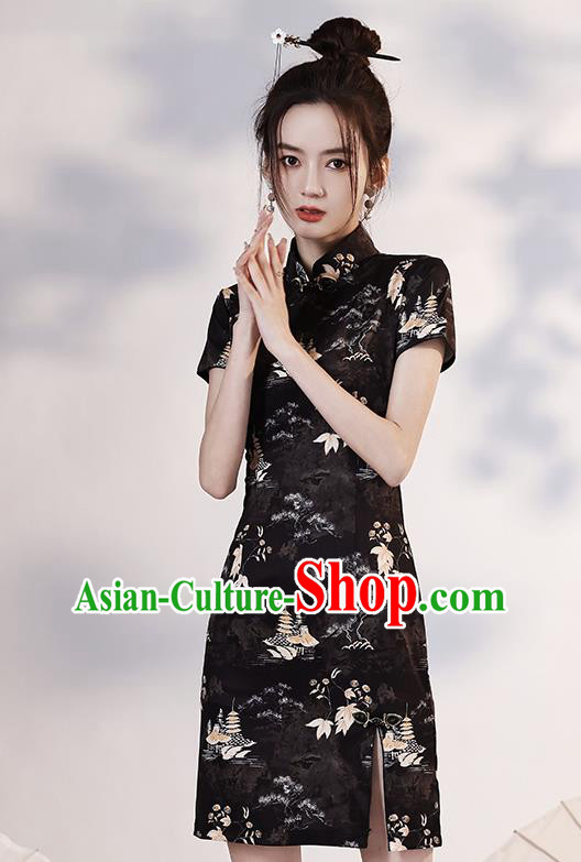Chinese Printing Black Short Cheongsam Clothing Modern Dance Young Lady Qipao Dress