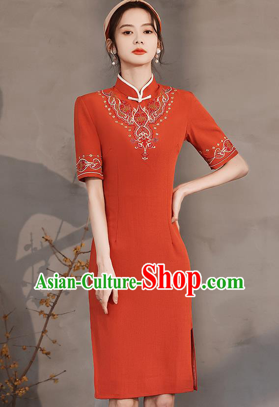 Chinese Stand Collar Cheongsam Clothing Modern Dance Young Lady Embroidered Red Qipao Dress