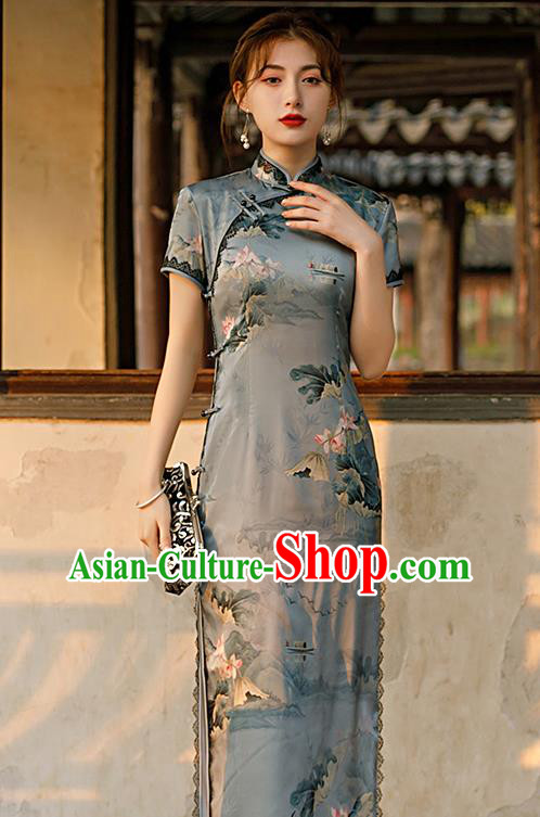 Republic of China Shanghai National Printing Lotus Grey Cheongsam Traditional Young Lady Qipao Dress