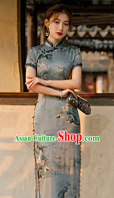 Republic of China Shanghai National Printing Lotus Grey Cheongsam Traditional Young Lady Qipao Dress