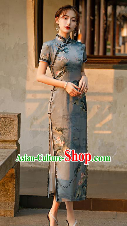 Republic of China Shanghai National Printing Lotus Grey Cheongsam Traditional Young Lady Qipao Dress