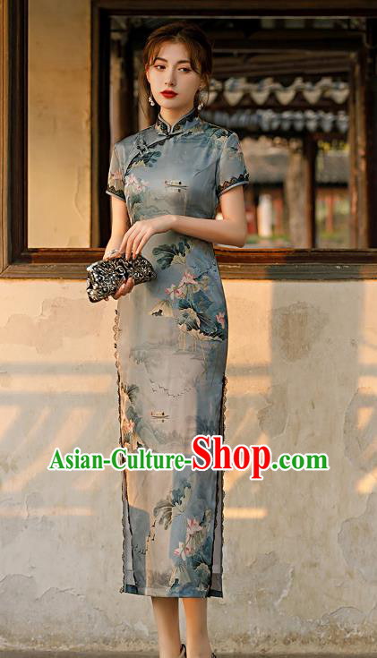 Republic of China Shanghai National Printing Lotus Grey Cheongsam Traditional Young Lady Qipao Dress
