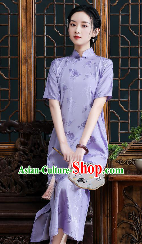 Republic of China National Stand Collar Cheongsam Traditional Shanghai Young Lady Lilac Silk Qipao Dress