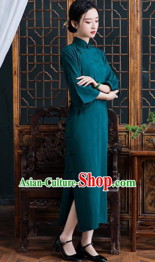 Republic of China National Deep Green Silk Cheongsam Traditional Shanghai Young Lady Qipao Dress