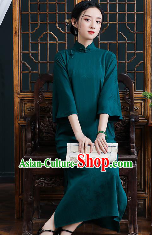 Republic of China National Deep Green Silk Cheongsam Traditional Shanghai Young Lady Qipao Dress