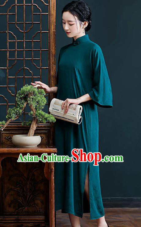 Republic of China National Deep Green Silk Cheongsam Traditional Shanghai Young Lady Qipao Dress