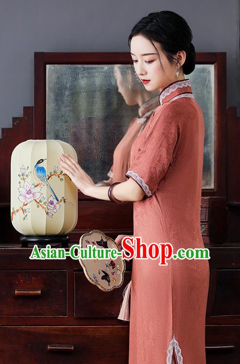 Republic of China National Orange Cheongsam Traditional Shanghai Young Lady Lace Collar Qipao Dress