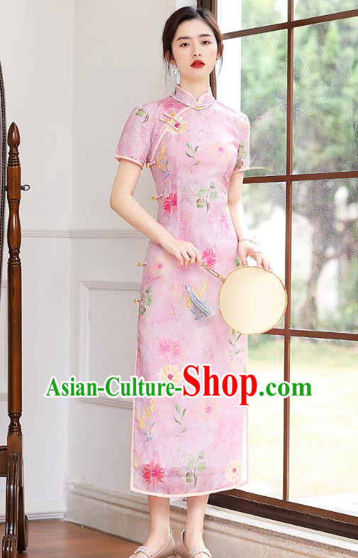 Republic of China National Printing Pink Flax Cheongsam Traditional Young Lady Classical Dance Qipao Dress
